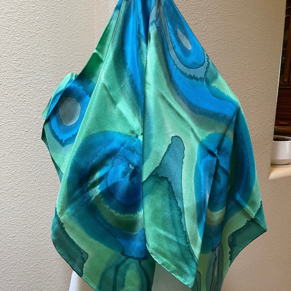 Handmade Silkscreened Silk Square Scarf, wrap, shawl.  Reversible.